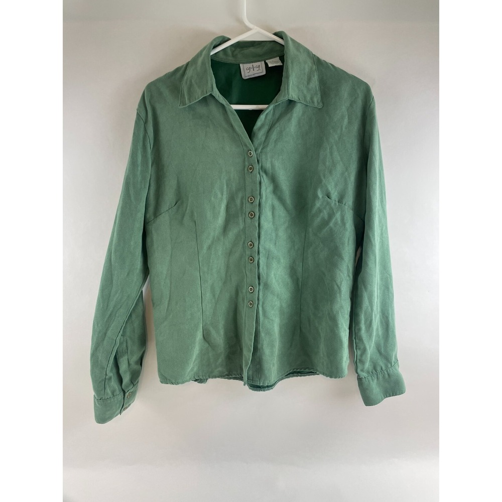 Cg.l.cg Blouse Women's Size Large Solid Green Button Up Long Sleeve Faux Suede